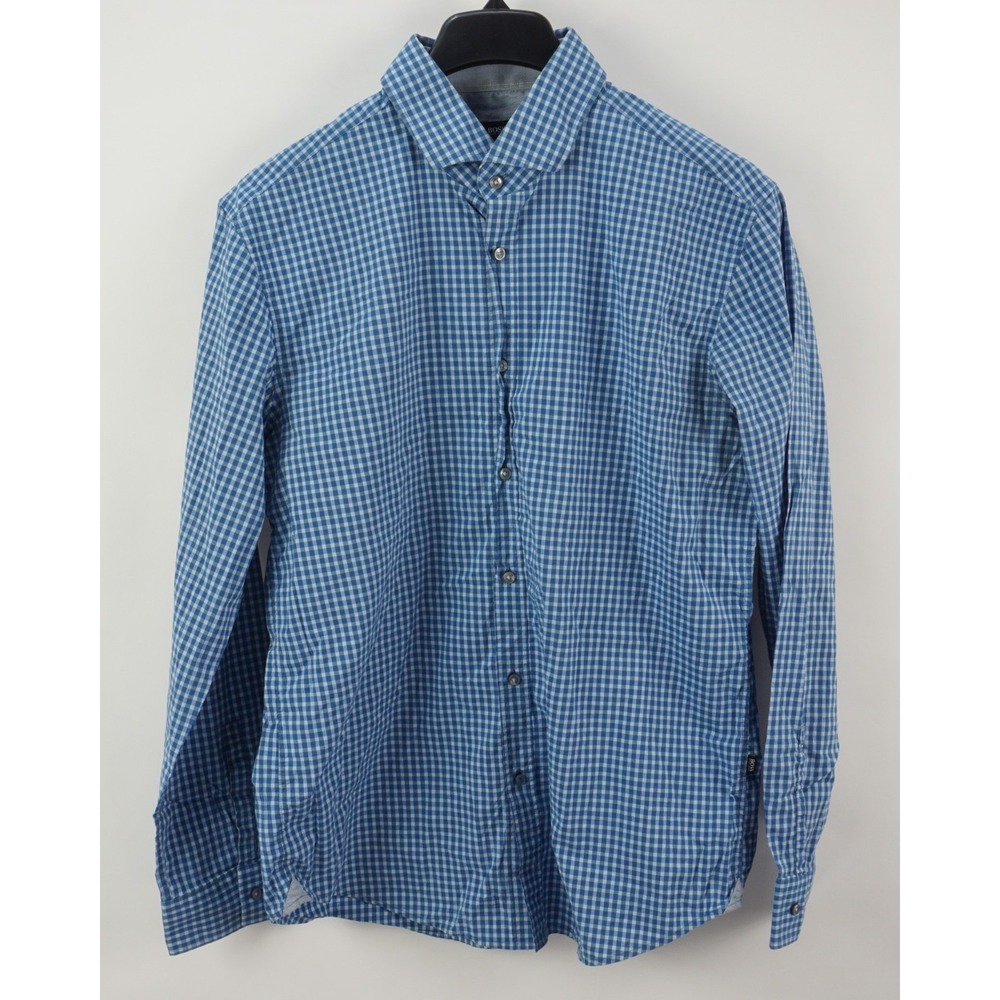 Recent Hugo Boss Slim Stretch Gingham Button Up Shirt Mens US Large Blue Cutaway